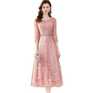 茗思时尚气质法式高级感绣花镶钻连衣裙2026春季新款钉珠网纱长裙