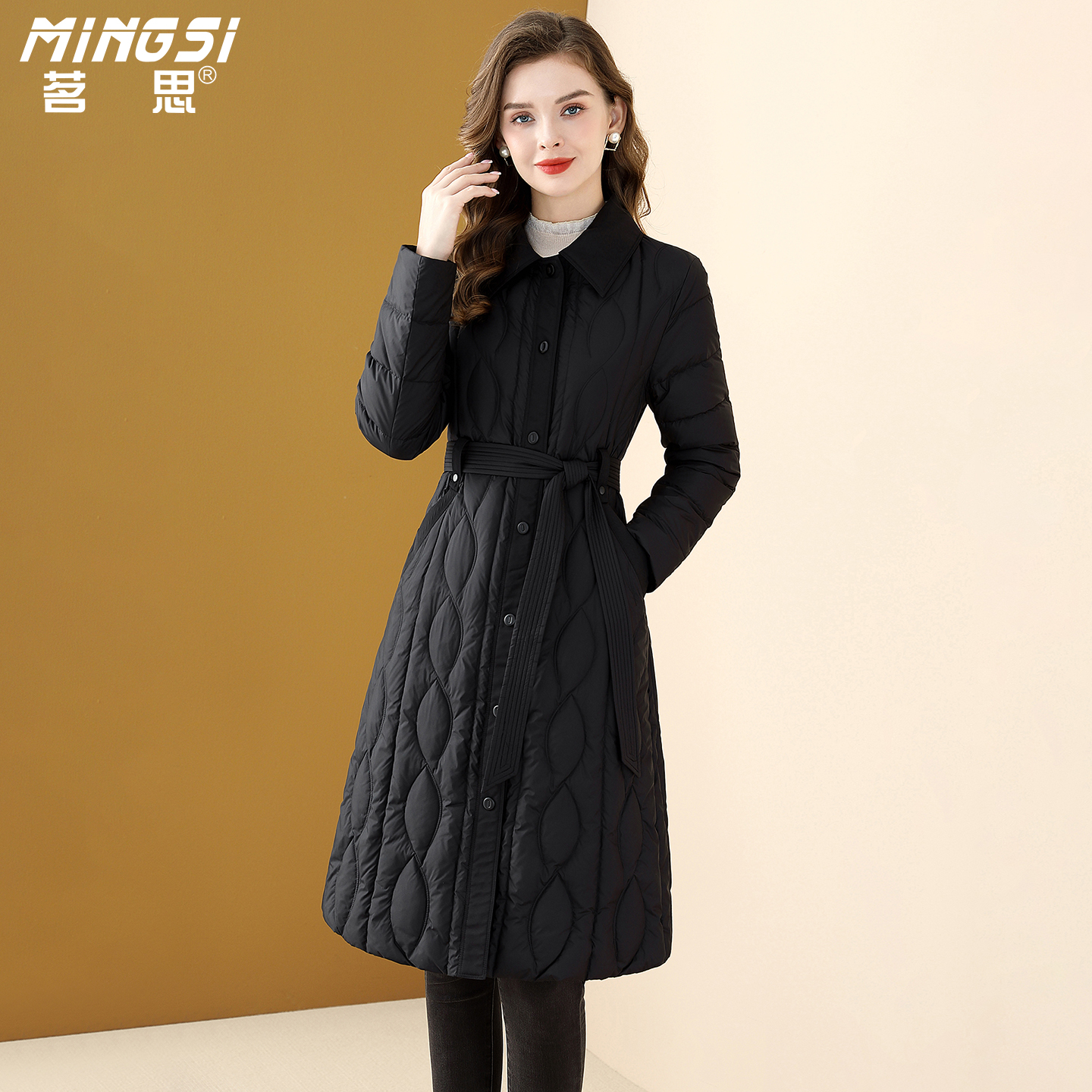 黑色轻薄中长款90鸭绒羽绒服女