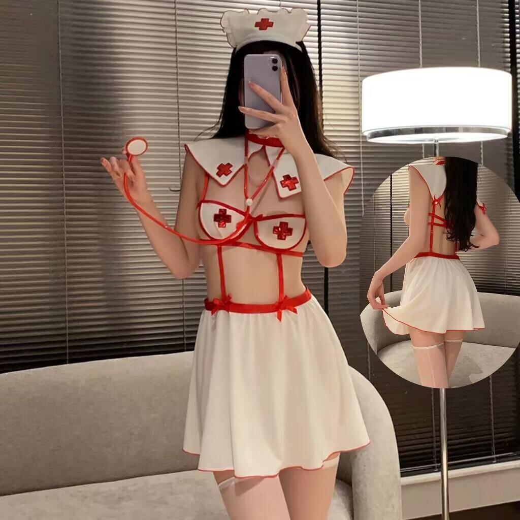 夜勤病房》性感深v诱惑开胸十字护士cos制服女纯欲裸背连衣裙短裙