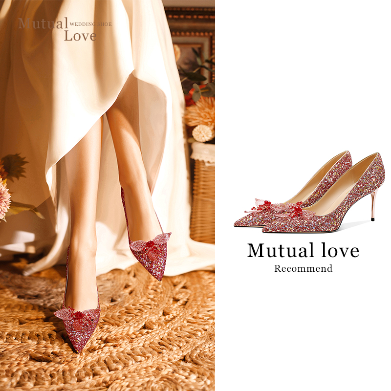 空气棉红色亮片婚鞋女婚礼高跟鞋