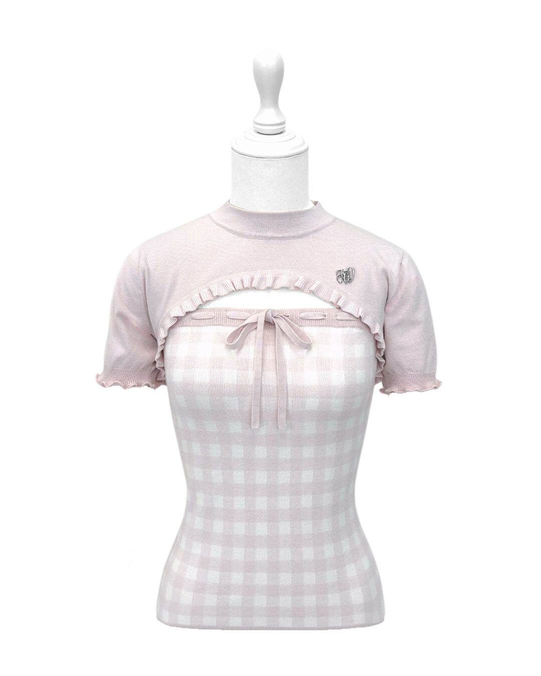 thumbnail for Honeymew-style knit top for women, short ruffle edge short-sleeve cover-up, plaid strapless strapless two-piece summer set