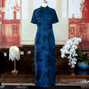 黛染月痕丨一城风絮丨真丝红云纱复古国风四分袖盘扣印花旗袍