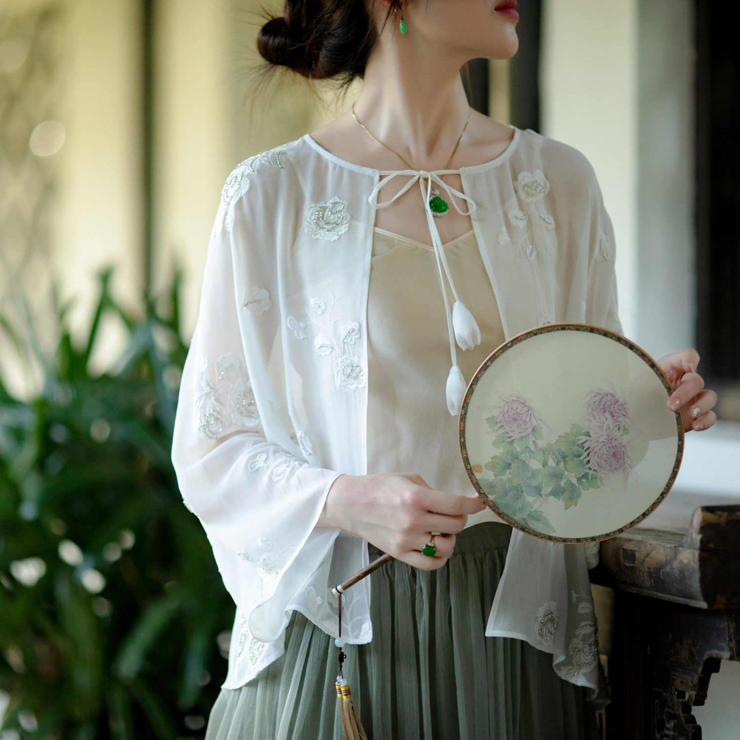 明珠花雪丨一城风絮丨春夏真丝乔其纱珠绣花系带复古轻薄开衫上衣