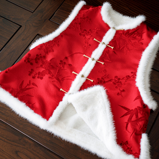 绛华添香 秋冬重磅漳绒缎圆领对襟盘扣貂毛边国风马夹 一城风絮