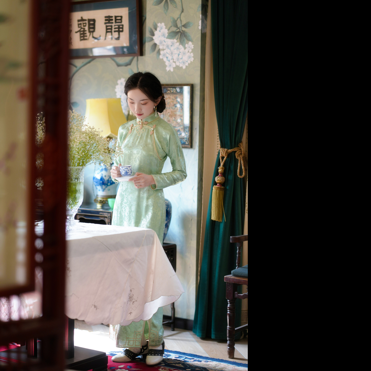 花倚晓窗丨一城风絮丨双襟复古民国风倒大袖提花缎窄长袖旗袍