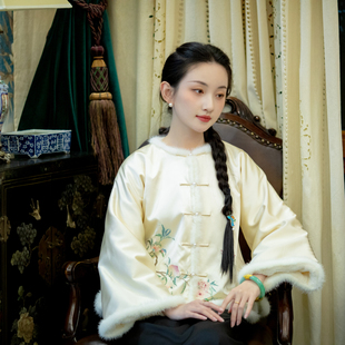 绣花外套 秋冬真丝貂毛边对襟清汉女袍褂厚款 梦绘桃心 一城风絮