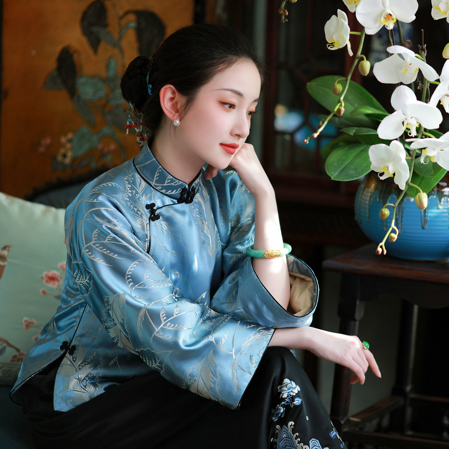 霜羽霖铃丨一城风絮丨复刻提花缎中式手工盘扣国风厚上衣薄款