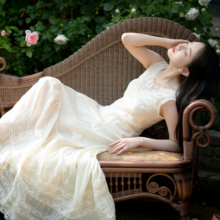 长款 洛神赋雪 连衣裙欧式 米色真丝棉复古蕾丝无袖 2025春夏新款