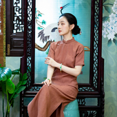 一城风絮 夏季 复古亚麻中式 旧岁香茗 盘扣四分袖 立领国风旗袍女