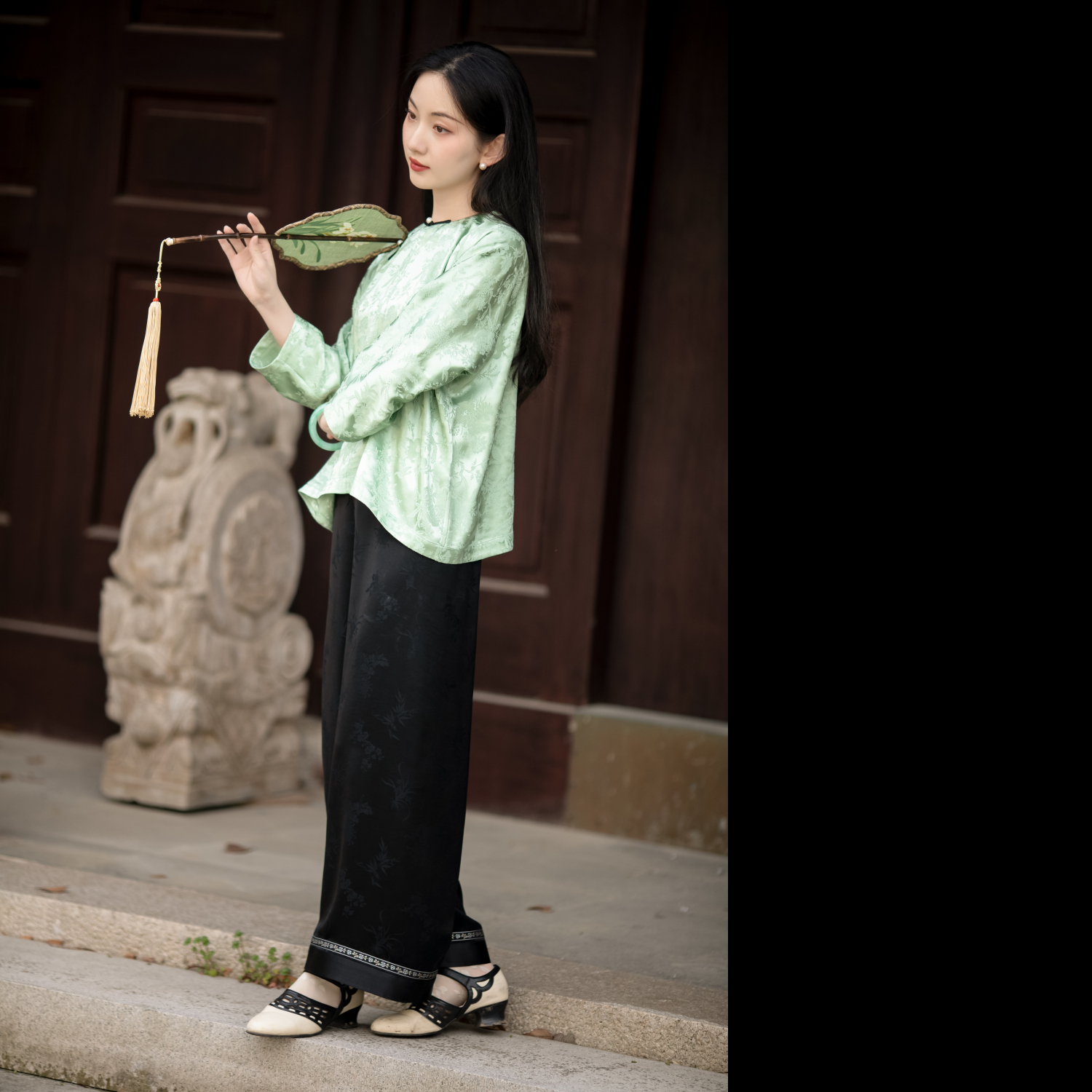 竹堂静丨一城风絮丨黑色提花醋酸缎复古中式休闲裤阔腿裤女