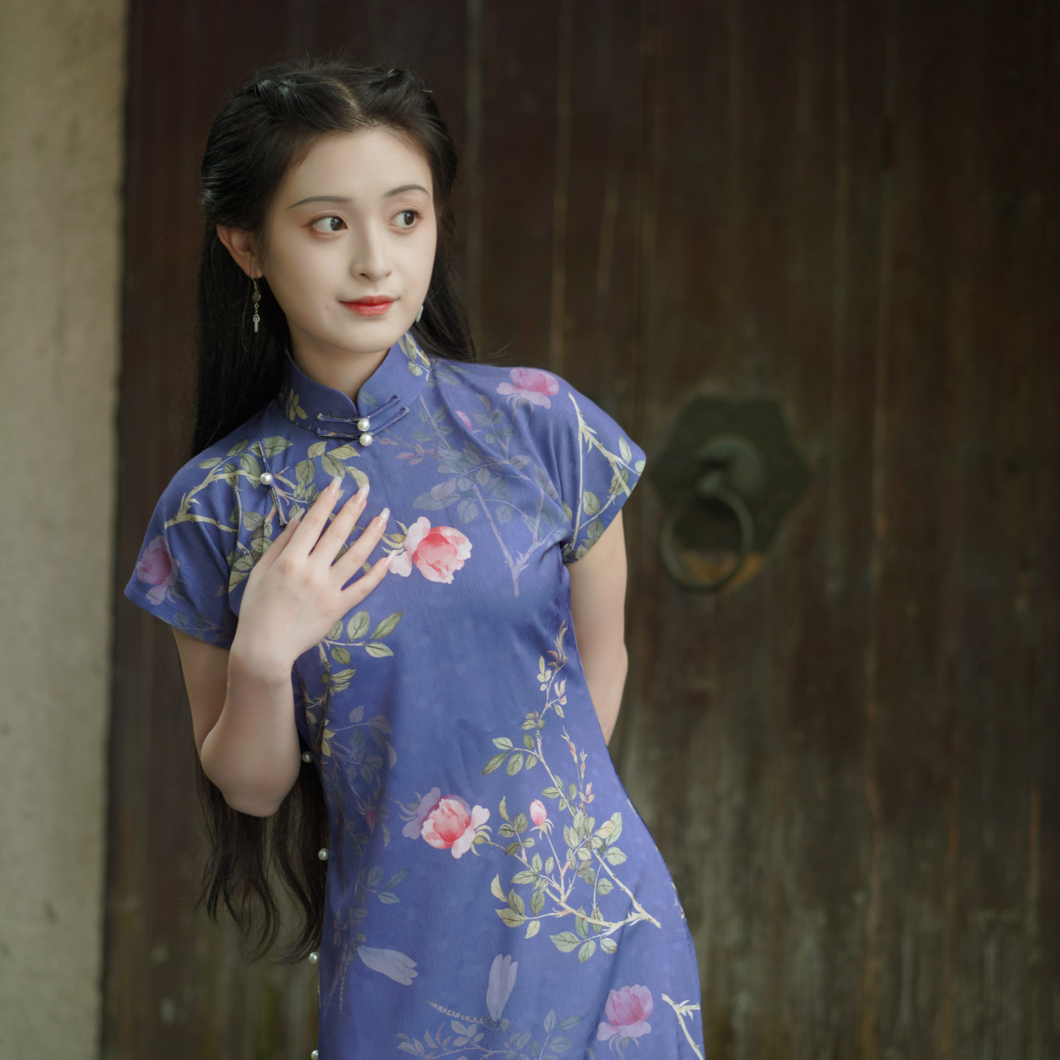 疏雨花蒙丨一城风絮丨春秋复古紫色玫瑰印花复古全开襟短袖旗袍裙