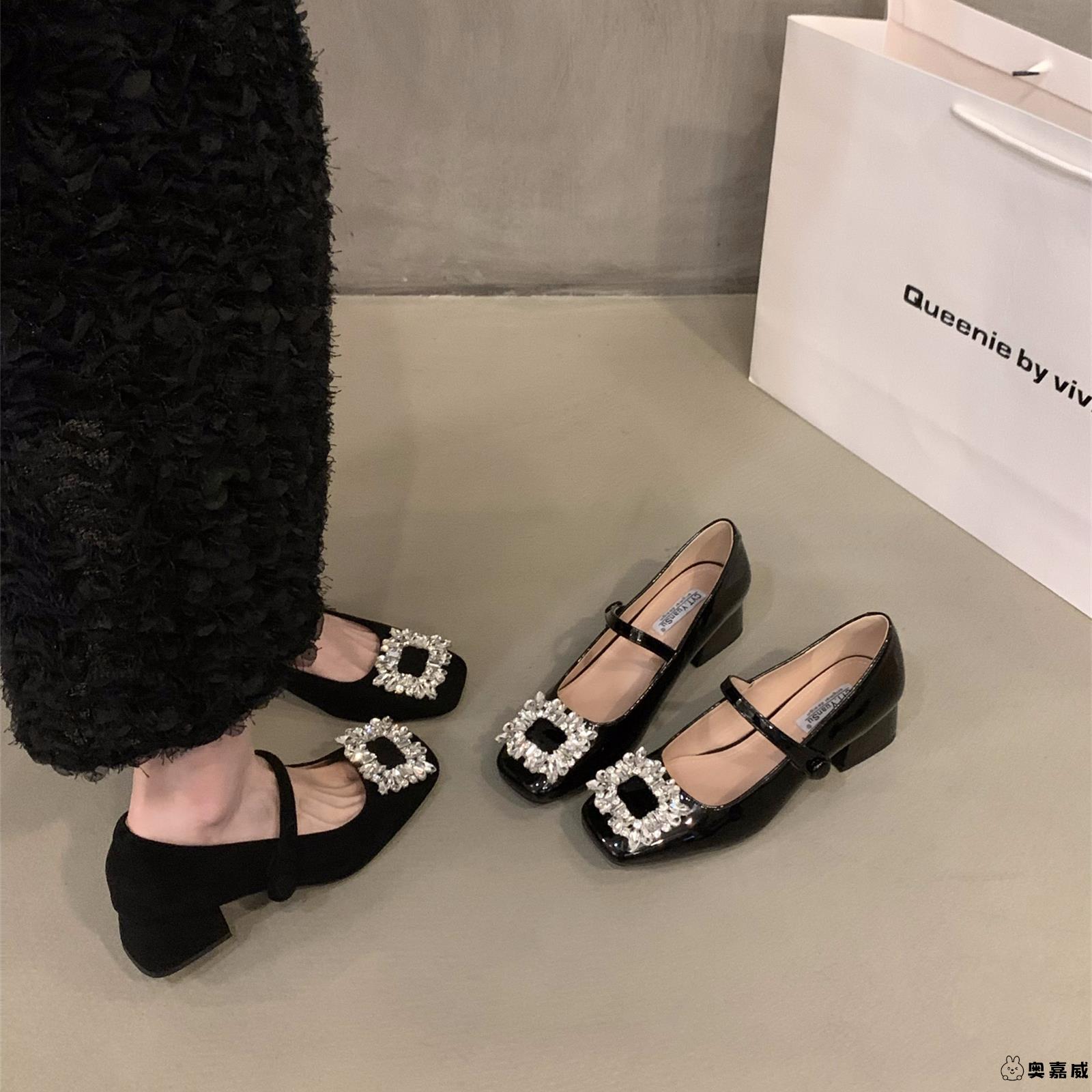 法式中高跟黑色方头水钻单鞋女鞋子2025新款