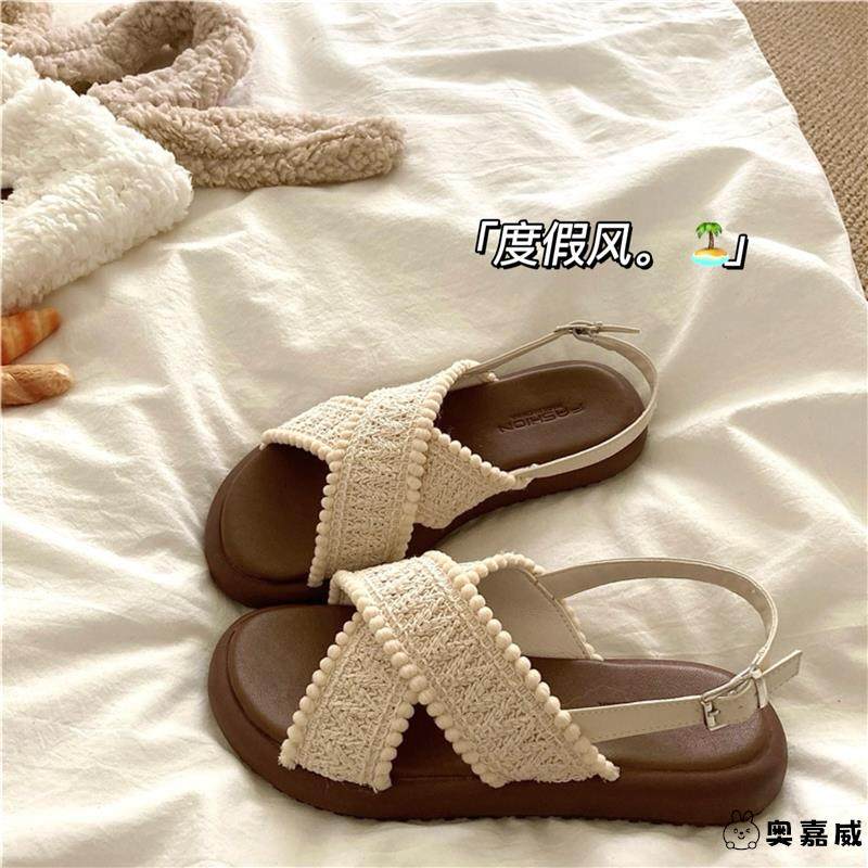 波西米亚海岛风~！慵懒仙女风沙滩凉鞋女ins秋季复古平底凉拖鞋潮,女鞋,一字带凉鞋,淘宝优惠券,粉丝福利购,淘宝优惠卷