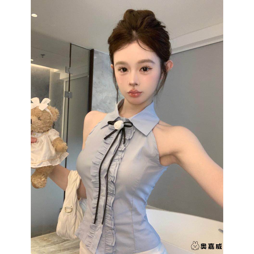 学院风蝴蝶结蓝色衬衫女秋季纯欲甜辣妹挂脖抹胸小上衣高级感绝美