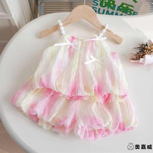 婴儿衣服秋季多巴胺穿搭薄款吊带洋气时髦套装分体一岁女宝宝秋装