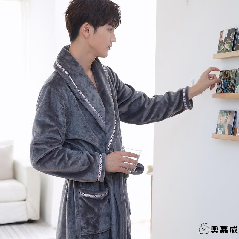 冬季男士珊瑚绒睡袍加厚睡衣男浴袍秋冬法兰
