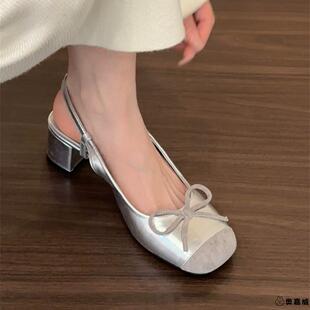 法式中高跟银色包头凉鞋仙女鞋子2025新款春秋季蝴蝶结配裙子单鞋