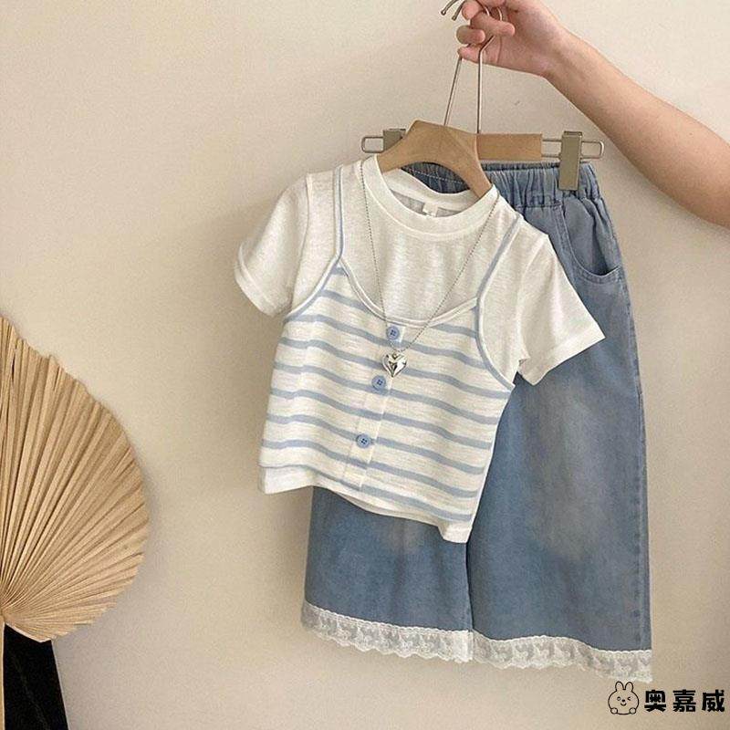 中小儿童秋装套装女童韩版条纹假两件短袖T恤阔腿牛仔裤两件套潮