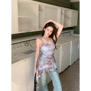 不規則荷葉邊小吊帶背心女夏季 辣妹修身 無袖 上衣外穿 扎染網紗罩衫
