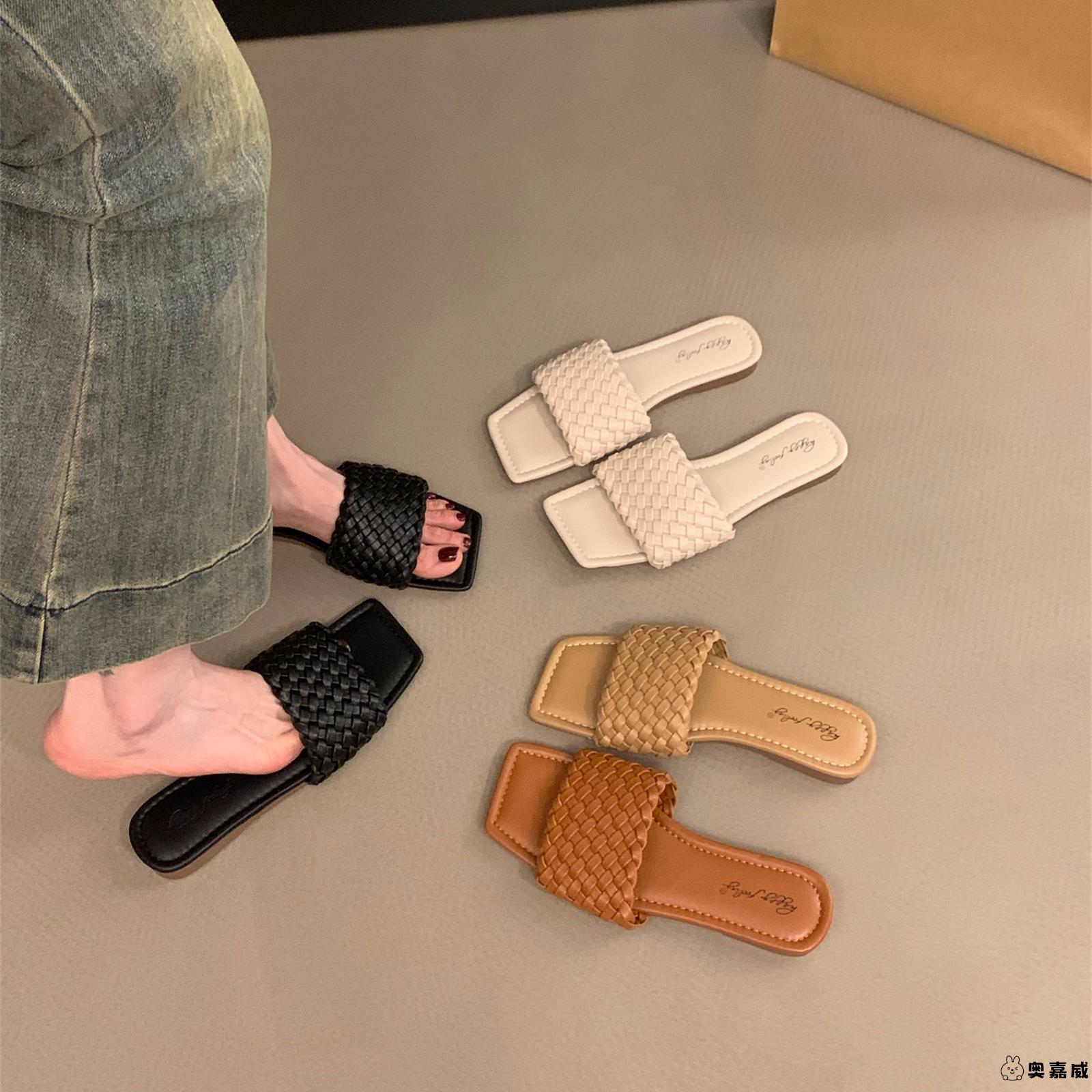 平底编织一字拖鞋女鞋子外穿2025新款秋季软