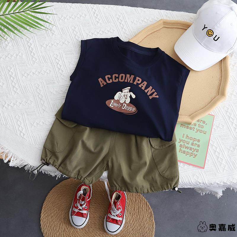 婴儿衣服秋季背心T恤短裤六7八9十个月一2周岁男宝宝时髦帅气套装