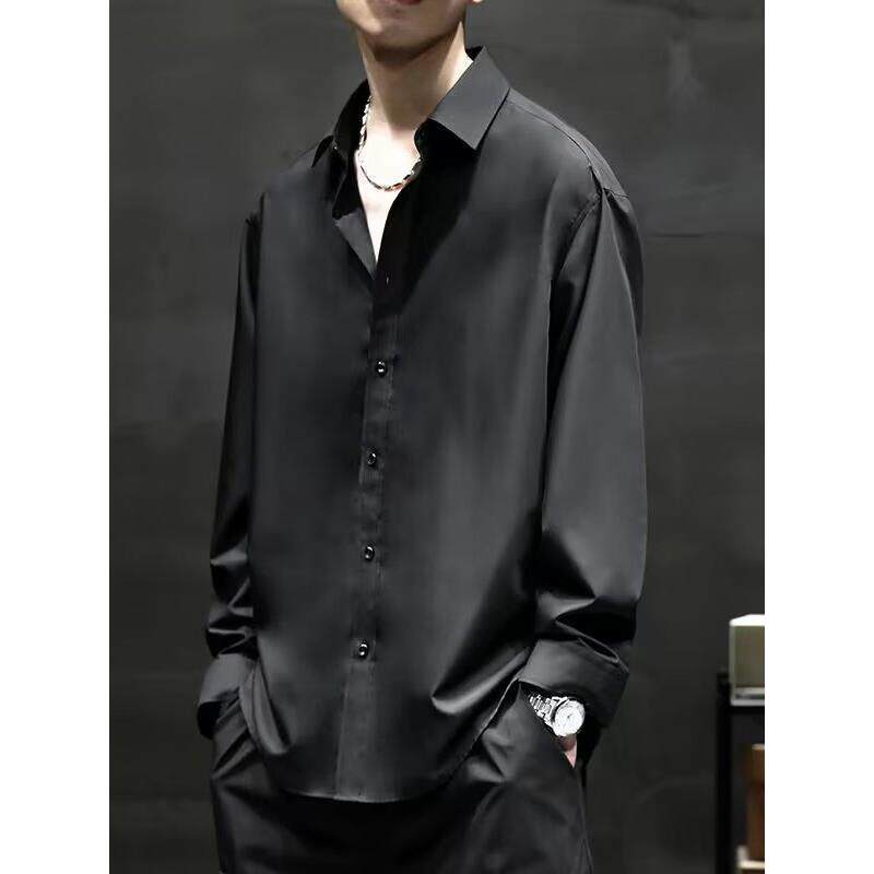 男款休闲宽松薄款冰丝衬衫黑色男长袖夏季高级垂感痞帅短袖黑衬衣