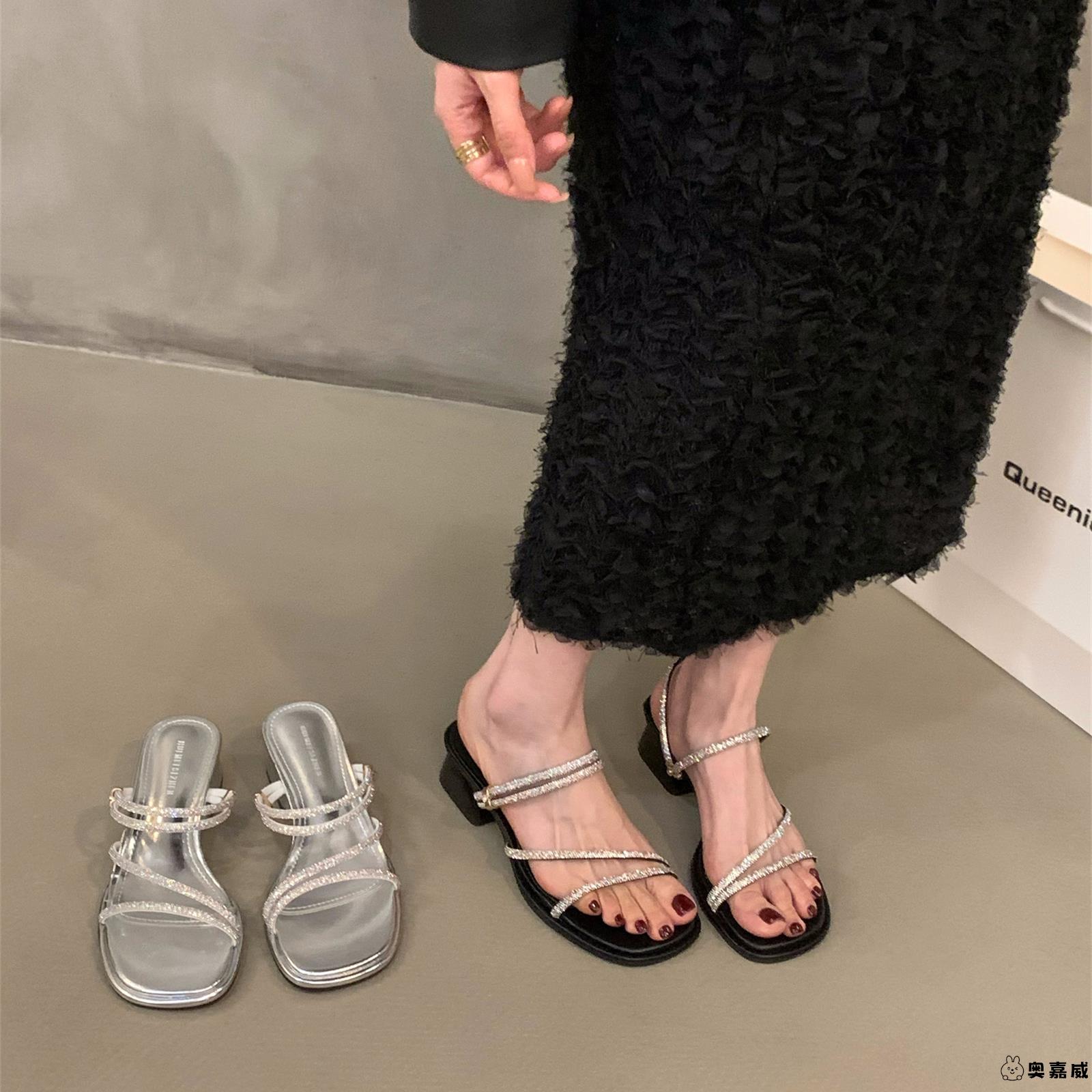 气质粗跟法式小凉拖鞋仙女鞋子2025新款秋季