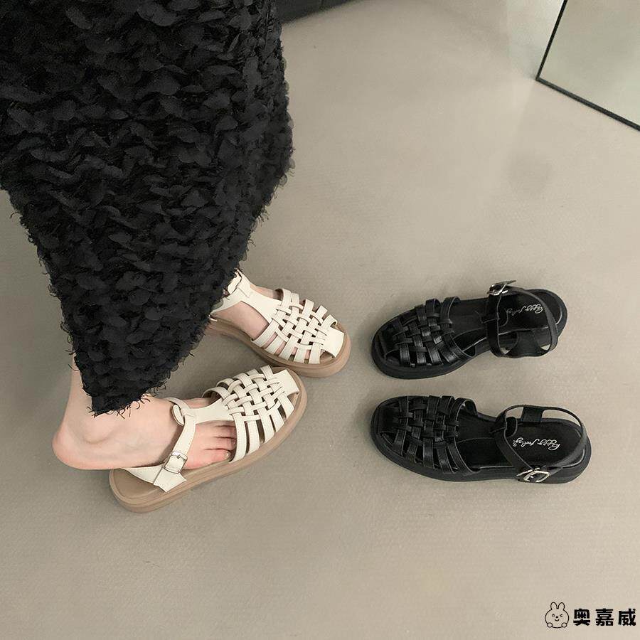 罗马沙滩凉鞋女鞋子2025年秋季新款厚底黑色小众镂空配裙包头凉鞋