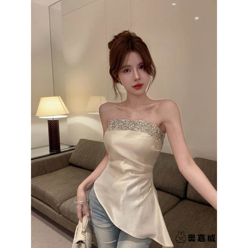不规则缎面亮片吊带背心女秋泰式甜辣妹一字肩抹胸上衣高级感绝美