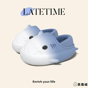 冬季儿童包跟毛绒拖鞋渐变鲨鱼男童室内保暖防滑防水宝宝拖鞋女款