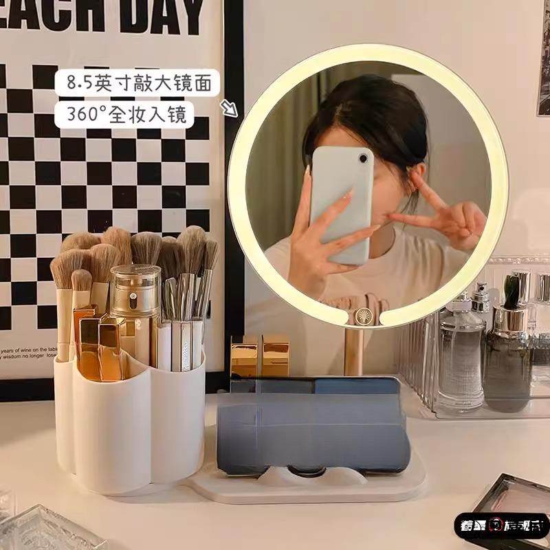 化妆镜台式桌面led带灯收纳盒一体卧室梳妆台高级感补光梳妆镜子