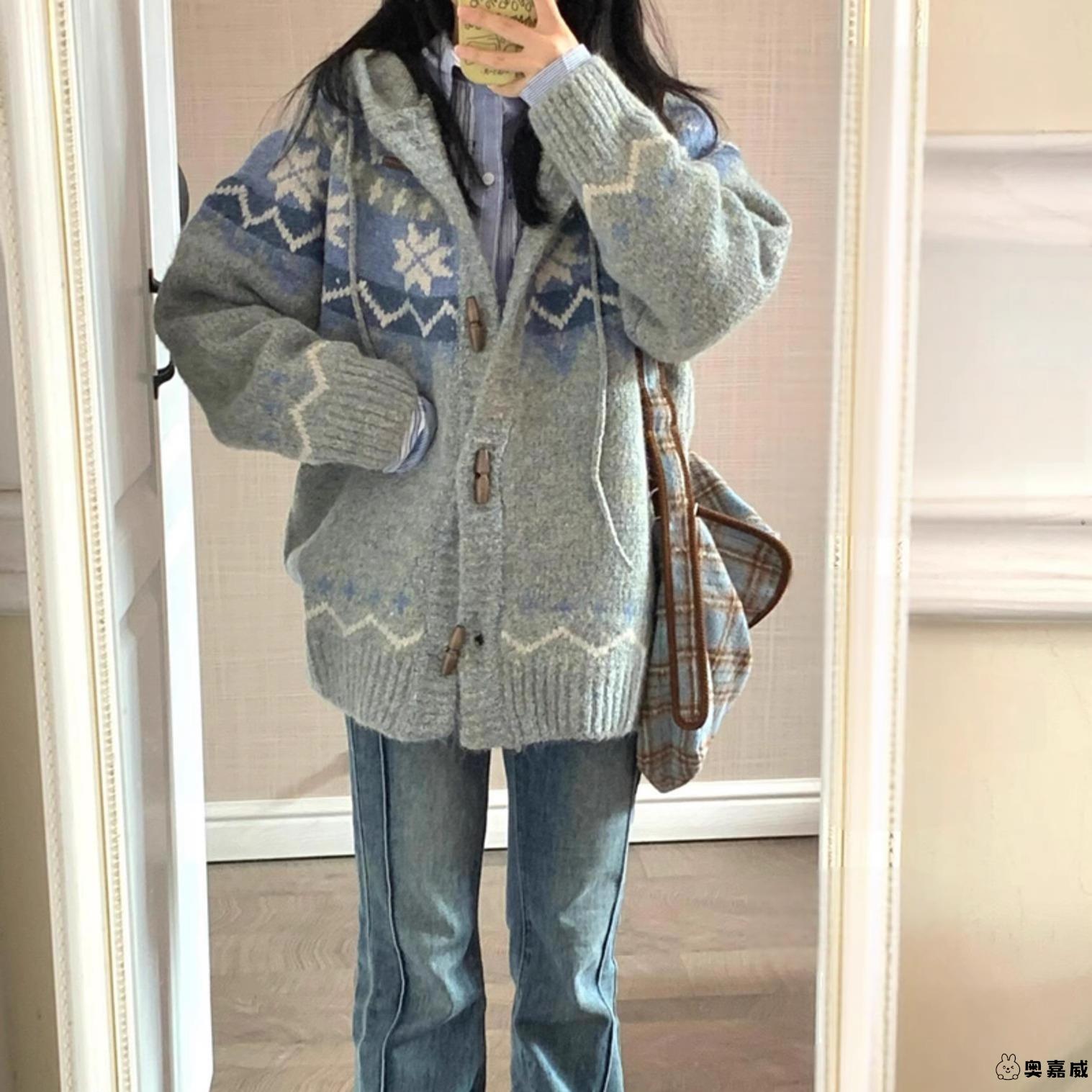 冬季加厚毛衣开衫外套女冬牛角扣费尔岛复古