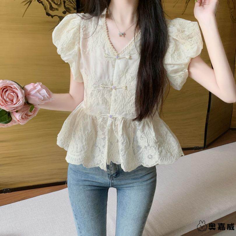 新中式国风飞飞袖蕾丝衬衫女秋季法式泡泡袖v领上衣娃娃小衫衬衣