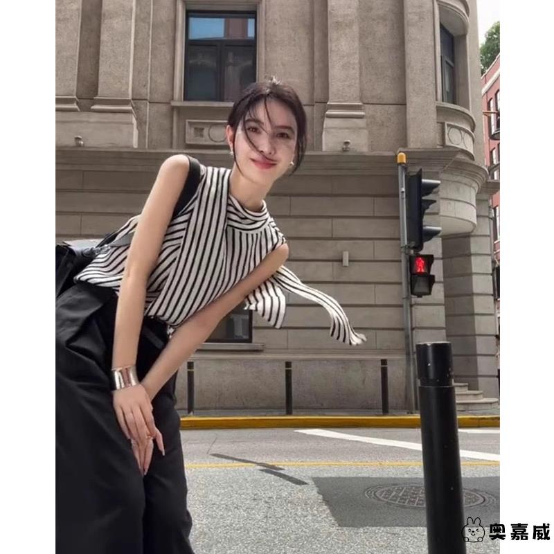 法式简约条纹高级感无袖衬衫女秋季小众宽松