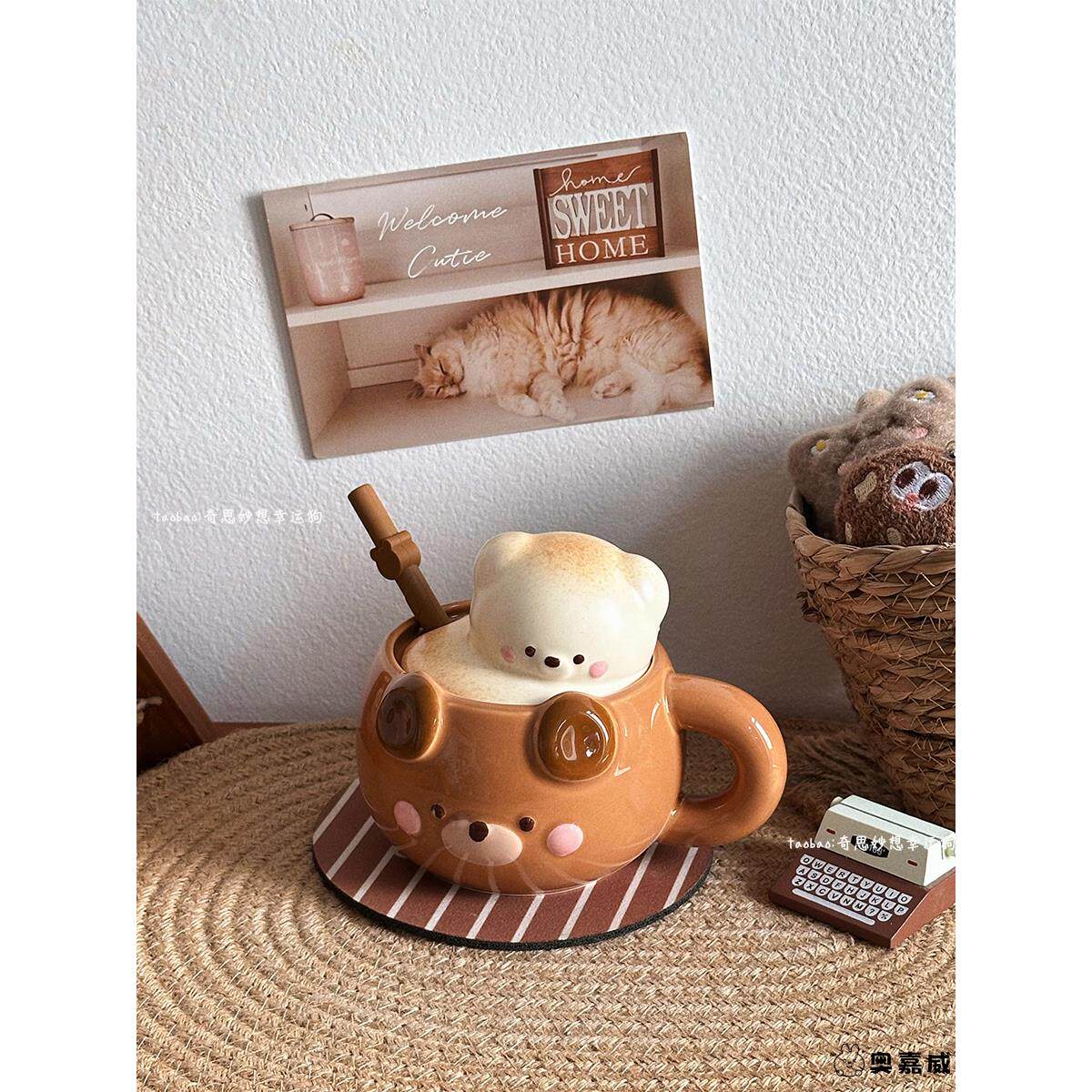 高颜值带盖陶瓷杯超可爱小熊陶瓷马克杯吸管水杯软萌治愈系伴手礼