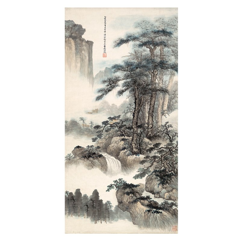 吴湖帆松壑云泉图国画山水画松树微喷复制品宣纸画心