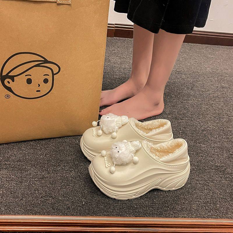防水棉拖鞋女款冬季防滑家居厚底加绒增高外出室内保暖包跟棉鞋男