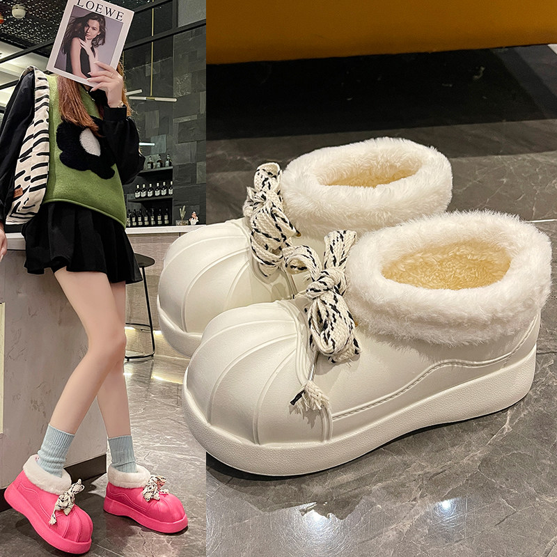 厚底冬季棉鞋女办公室家居防水浅口保暖高颜值雪地靴外贸软底