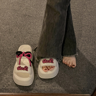 新款 女外穿2024夏季 防滑休闲凉拖 蝴蝶结绑带一字拖鞋 增高厚底时尚