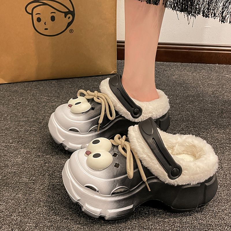 加绒洞洞鞋女外穿2024冬款加绒加厚居家全包厚底增高保暖棉拖鞋女