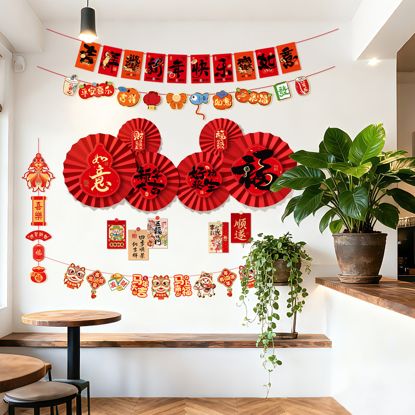 新年背景装饰纸扇花春节氛围布置