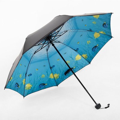 热卖新款创意海洋卡通黑胶折叠三折伞塑料柄双人晴雨三折伞