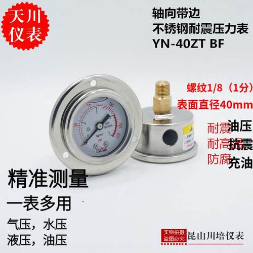上海天川仪表YN-40ZTBF轴向带边耐震不锈钢压力表防震抗震耐高温