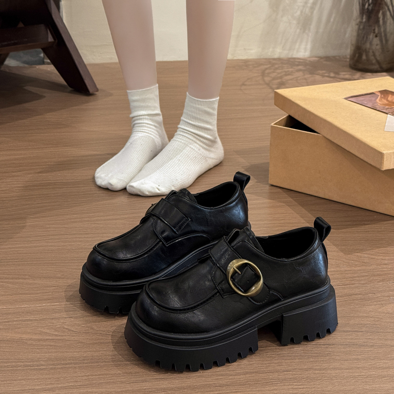 厚底小皮鞋女2025春秋新款英伦风复古小个子单鞋配裙子增高乐福鞋
