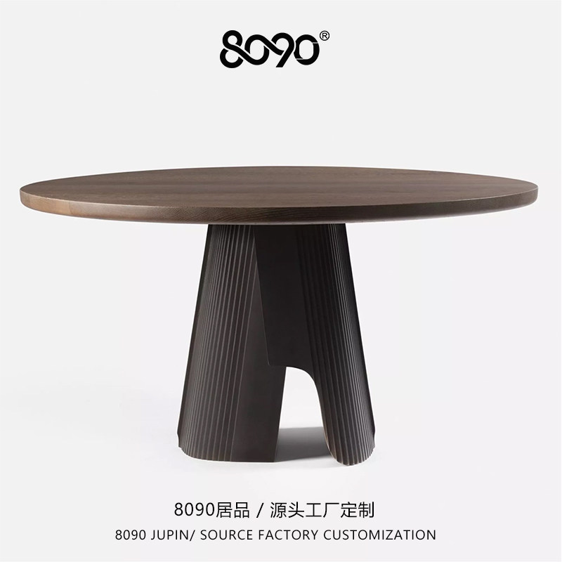 8090居品摩登轻奢设计师酒店别墅餐厅奢华做旧复古金属圆形餐桌