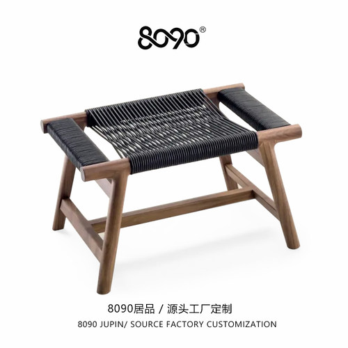 8090居品实木牛皮绳编织沙发凳