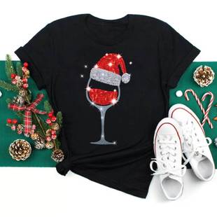 shirt Christmas Glasses 圣诞帽酒杯印花男女T恤学生上衣 Wine