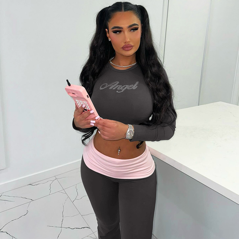 Color blocking round neck bell bottom pants撞色圆领喇叭裤女