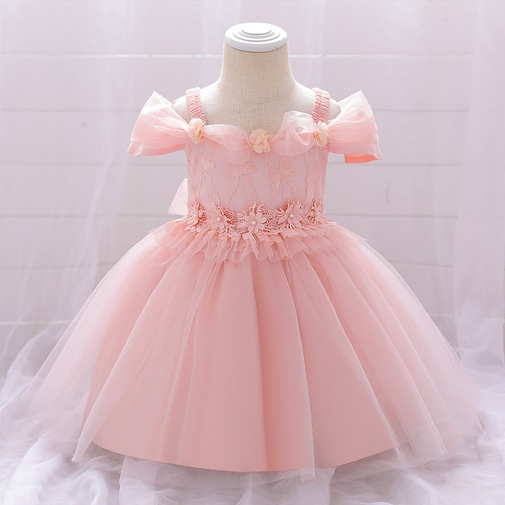 欧美亚马逊婴幼儿宝宝礼服满月洗礼服女童吊带一字肩泡泡袖礼服裙