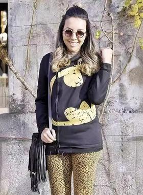 亚马逊新款时尚连帽长袖黄色个性印花口袋设计女装卫衣厂家直销